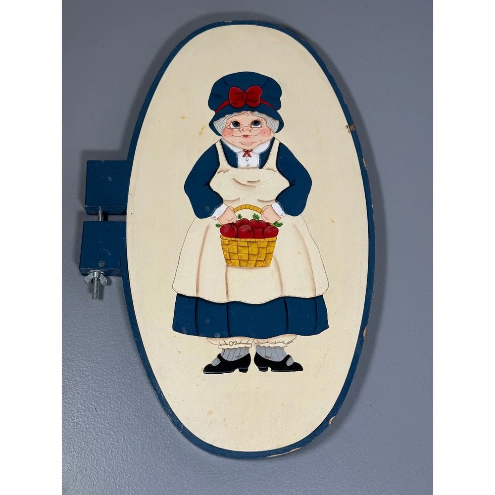 Vintage Hand Painted Folk Art Wooden Plaque Grandmother with Apple Basket 16in